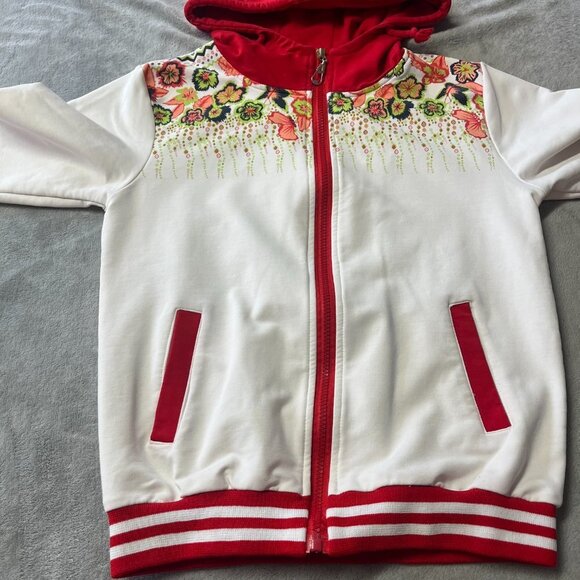 Satin White & Red Zip Up Hooded Jacket - Picture 5 of 12